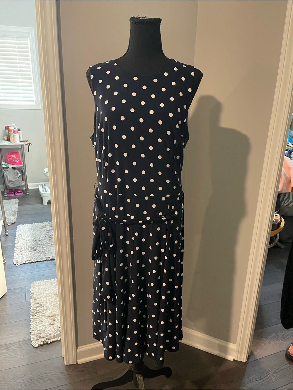 Ralph Lauren Navy and White Polka Dot Sleeveless Tie-Waist Dress
